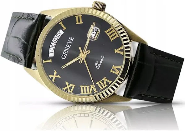 Złoty zegarek męski damski 14k 585 Geneve mw013yd2bc z czarną tarczą