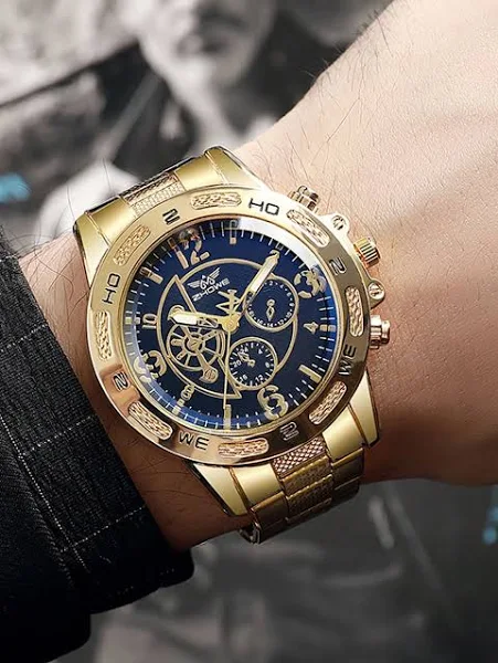 1 szt Męski Złoto Ton Szafirowe szkło Lustro Stal Pasek Mieszany Zegarek kwarcowy