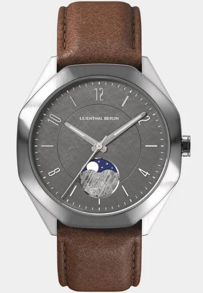 Męski Zegarek z Fazy Księżyca Srebro Szczotkowana stal nierdzewna