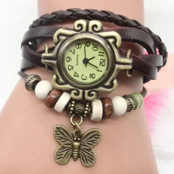Modny damski zegarek na bransoletce w stylu retro ze skórzanym paskiem i motylem