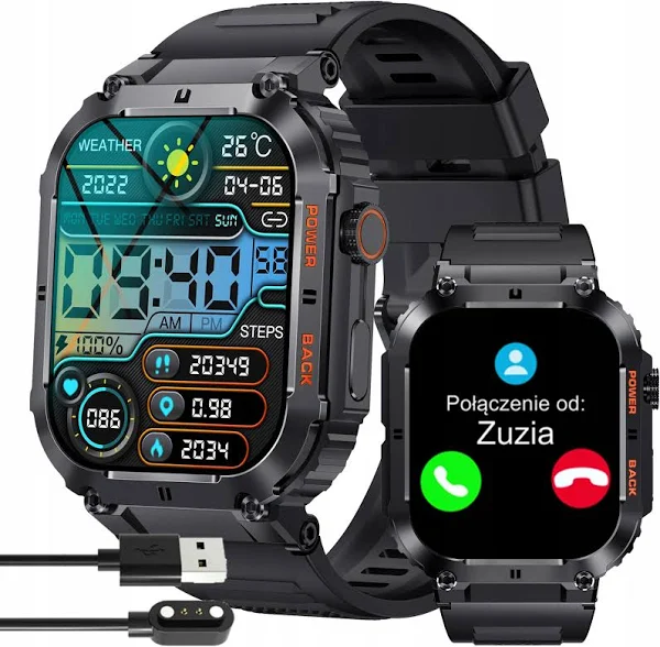 Smartwatch Zegarek Męski Ciśnienie SpO2 Pl Język Rozmowy Wojskowy LCD 1,96