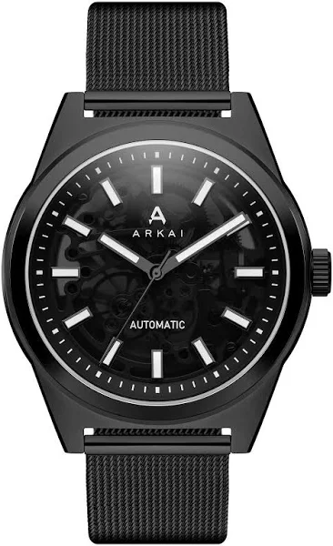 Arkai Caron Czarny zegarek ze stali nierdzewnej z widocznym mechanizmem