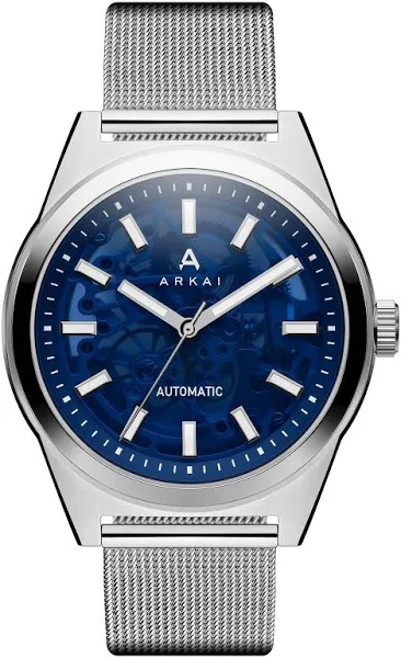 Arkai Caron Niebiesko-srebrzysty zegarek ze stali nierdzewnej z widocznym mechanizmem