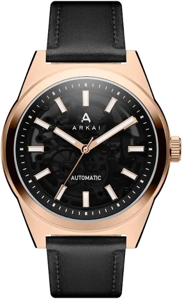 Arkai Caron Czarno-różowozłocisty zegarek ze stali nierdzewnej z widocznym mechanizmem
