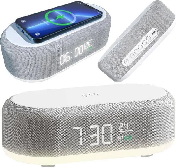 Zegar Budzik Cyfrowy Elektroniczny Termometr Ładowarka Indukcyjna Alarm 2w1