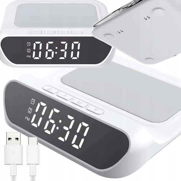 Budzik Ładowarka Indukcyjna Zegar elektroniczny cyfrowy Led Stojący Alarm