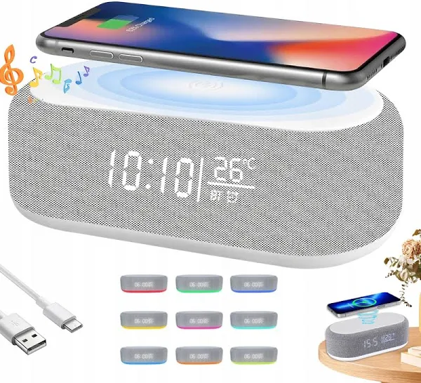 Ładowarka Indukcyjna Bezprzewodowa Do Telefonu Zegar Budzik Termometr 9 Rgb