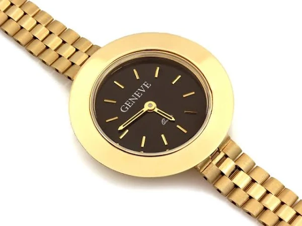 Zegarek złoty dla kobiety okrągły z czarnym cyferblatem pr585