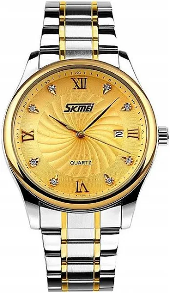 Zegarek męski Skmei analog bransoleta datownik srebrny złoty
