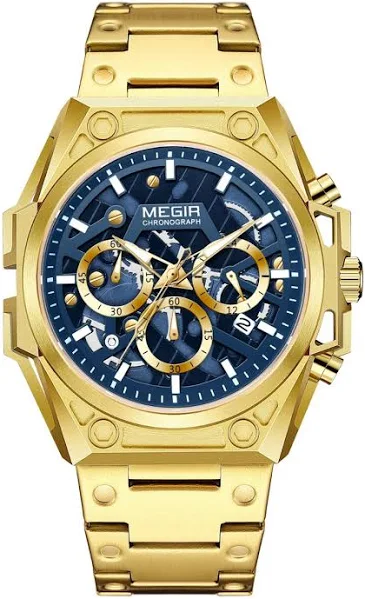 Megir Skeleton Chronograph Gold Blue 4220 Kwarc