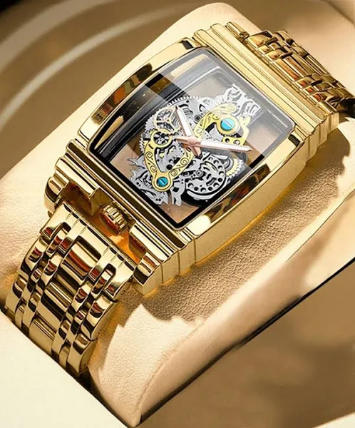 Przezroczysty zegarek kwarcowy z kwadratowym pustym szkieletem złoty zegarek męski ze stali nierdzewnej