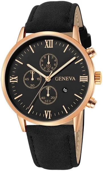 zegarek męski z paskiem skórzanym Czarny zegarek pasek