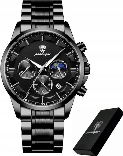 Czarny Zegarek Męski Na Bransolecie Poedagar Chronograf Pudełko Datownik