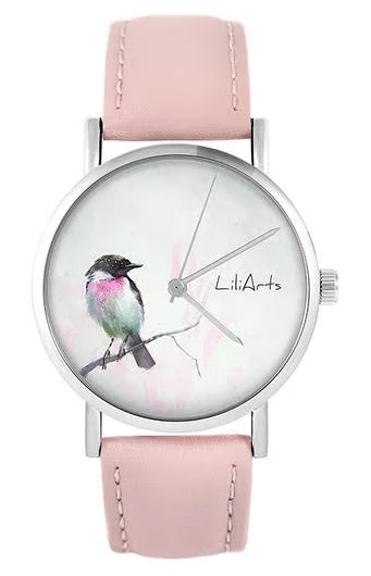 Zegarek - Ptaszek - skóra, pudrowy róż