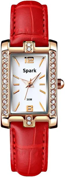Zegarek Spark z białymi kryształami i czerwonym skórzanym paskiem