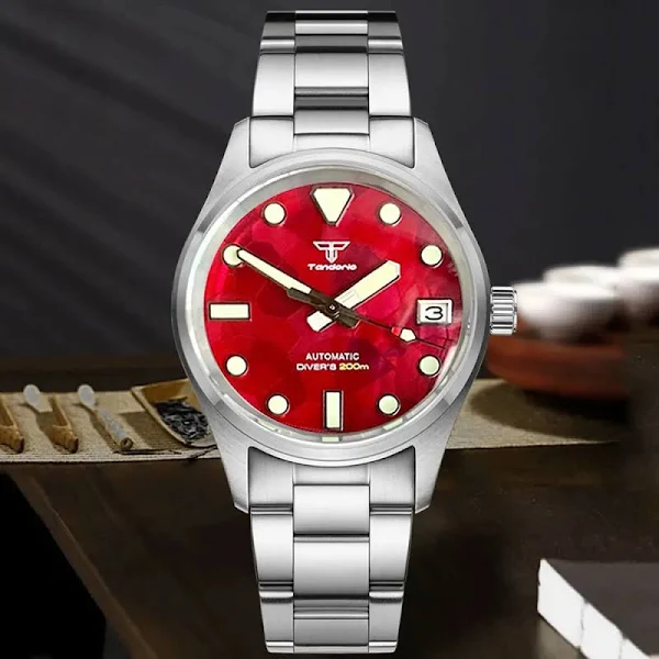 36mm Tandorio zegarek dla nurka 20ATM zegarki wodoodporne NH35 MOP Dial Lady mężczyźni mechaniczny