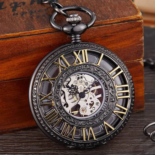 Steampunk człowiek kieszonkowy zegarek kieszonkowy łańcuszek wisiorek czarny srebrny klasyczny