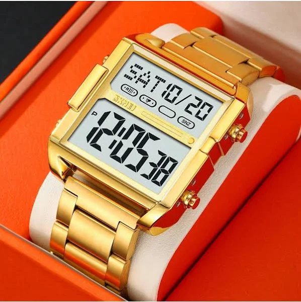 Męski zegarek cyfrowy Skmei 2299 pasek ze stali nierdzewnej 30 metrów wodoodporny luksusowy złoty zegarek na rękę