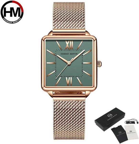 kobiet Hannah Martin mechanizm kwarcowy zielona tarcza kwadratowe zegarki modny zegarek damski zegarki
