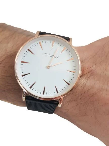 Elegancki męski zegarek czarna stalowa bransoleta złota koperta