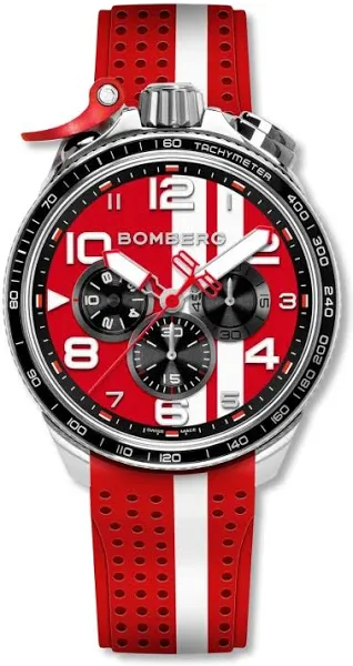 Srebrny zegarek męski Bomberg Watches z gumowym paskiem RACING 4.3 Red 45MM
