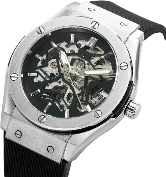 Zwycięzca automatyczny zegarek mechaniczny dla mężczyzn z gumowym paskiem szkieletowa tarcza męski