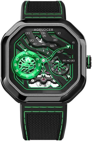 Czarny zegarek męski Agelocer Watches z gumowym paskiem Volcano Series Black / Green 44.5MM Automatic