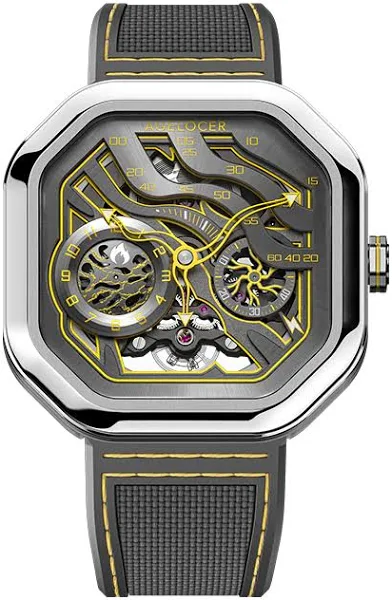 Srebrny zegarek męski Agelocer Watches z gumowym paskiem Volcano Series Silver / Yellow 44.5MM Automatic