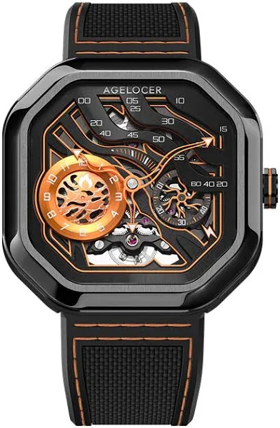 Czarny zegarek męski Agelocer Watches z gumowym paskiem Volcano Series Black / Orange 44.5MM Automatic
