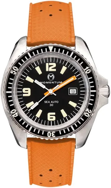 Męski srebrny zegarek Momentum Watches z gumowym paskiem Sea Auto 30 Black Orange Tropic Rubber 42MM Automatic