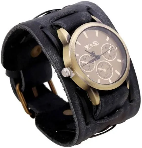 Męski fajny skórzany zegarek z szerokim mankietem i paskiem do zegarka Retro Punk Style Męski