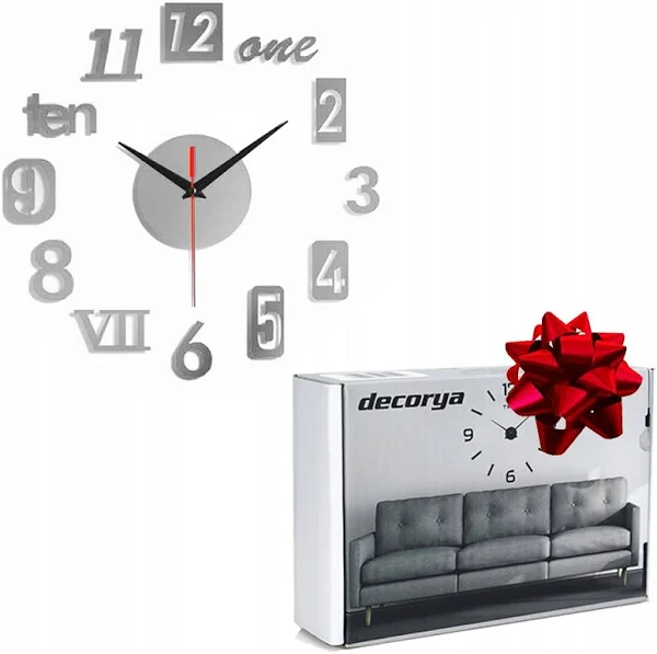 Zegar Ścienny 3D Przyklejany Na Ścianę Srebrny Decorya
