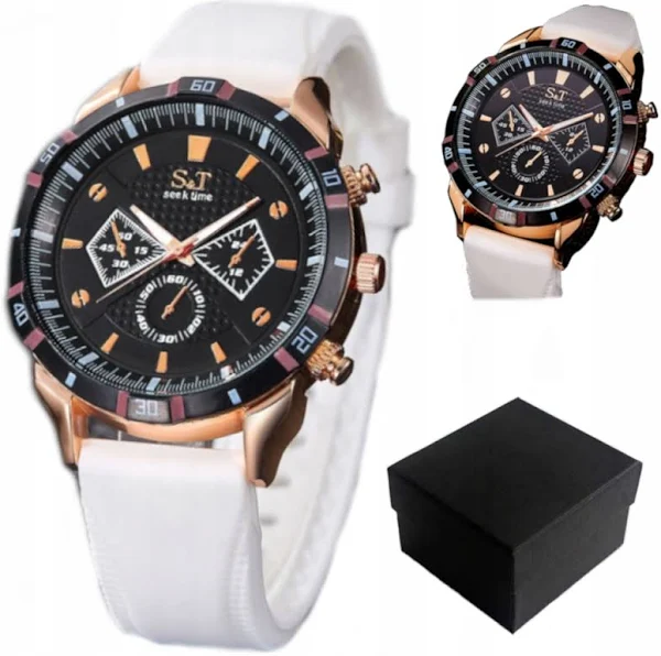 Zegarek męski biały silikonowy pasek młodzieżowy PREZENT DLA NIEGO + BOX