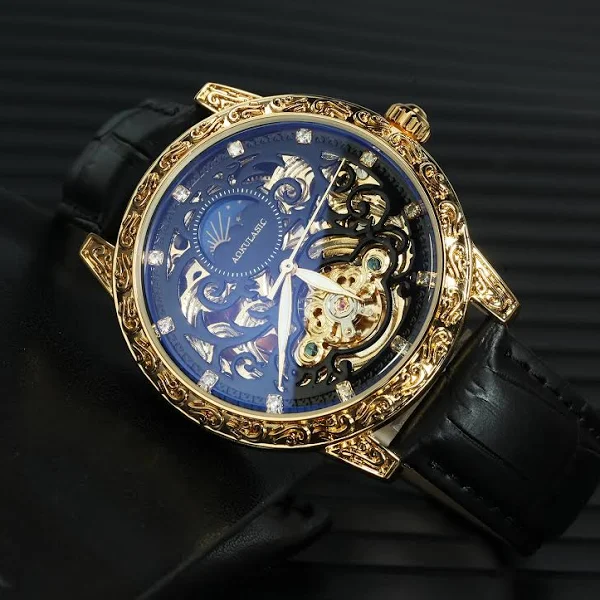 AOKULASIC Retro Iced Out szkielet męskie zegarki Top marka luksusowa grawerowana obudowa faza