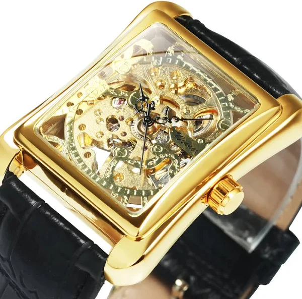 Zwycięzca klasyczny szkielet zegarki mechaniczne prostokątny Retro złoty zegarek dla kobiet