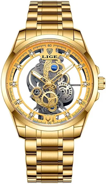 2024 LIGE męski zegarek Skeleton automatyczny zegarek kwarcowy złoty szkieletowy męski zegarek w