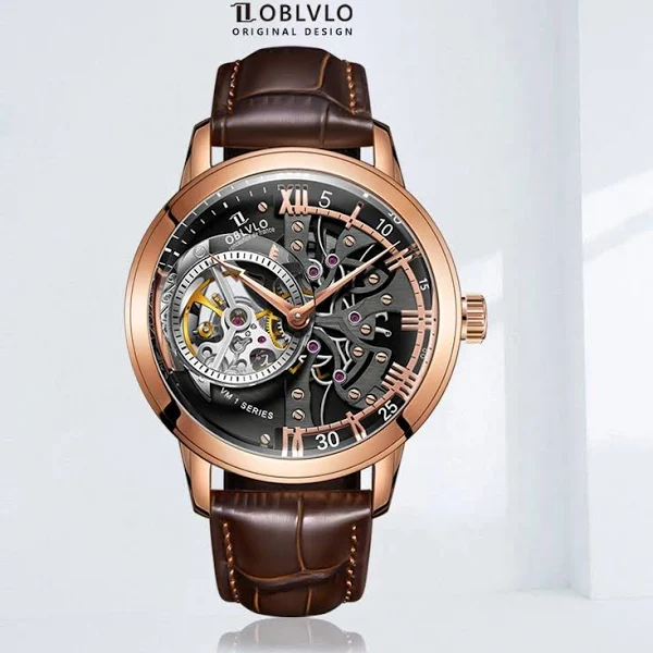 OBLVLO Retro Casual Men szkielet zegarki automatyczne mechaniczny pasek z cielęcej skóry mineralne