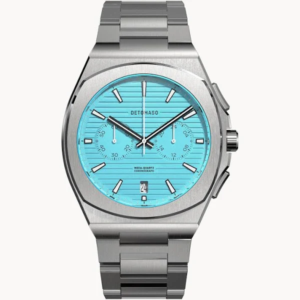 Zegarek męski Srebrny Turkusowy Chronograf koperta ze stali chirurgicznej
