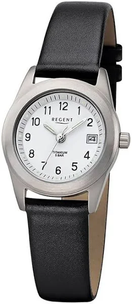 Regent damski zegarek tytanowy zegarek F-660 analogowy zegarek na skórzanej bransolecie czarny URF660