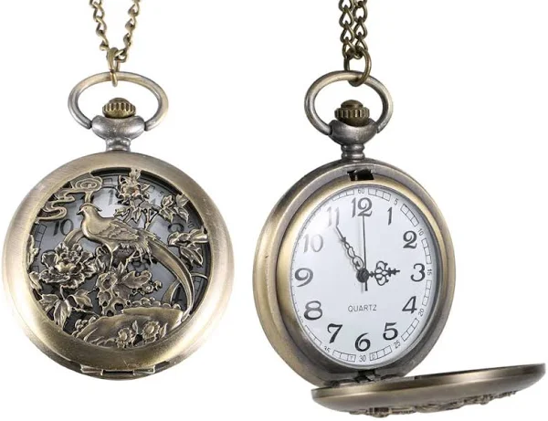 Vintage zegarek kieszonkowy kwarcowy drążą sroki kwiat ptak odwróć pokrywa łańcuch ze stopu wisiorek