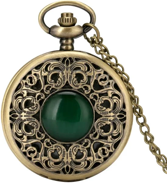 Zielony kamień rzeźbiony wzór brązowy zegarek kieszonkowy kwarcowy antyczny naszyjnik wisiorek zegar