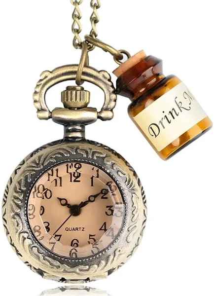 Mały damski zegarek kieszonkowy zegar wypij mnie naszyjnik wisiorek z butelką urodziny prezenty dla kobiet