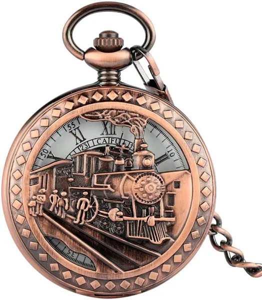 Steampunk stary pociąg wzór mechaniczny zegarek kieszonkowy ręcznie wiatr czerwona miedź wisiorek