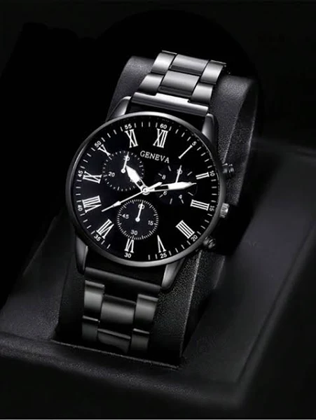 Zegarek męski 1 szt. męski czarny pasek ze stali nierdzewnej Casual i zwięzła tarcza z cyframi rzymskimi Kwarcowy Zegarek na rękę Zegarek na prezent