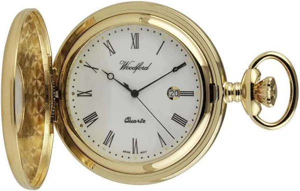 Woodford Gold Plated rzymski cyfra Half Hunter Quartz Pocket Watch