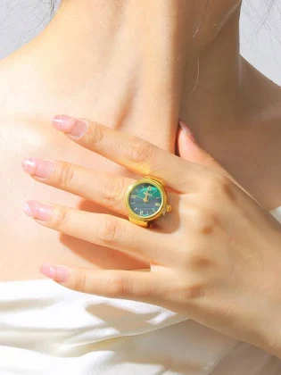 kobiet Elegancki kwarcowy zegarek pierścionkowy z cyframi rzymskimi i zieloną tarczą