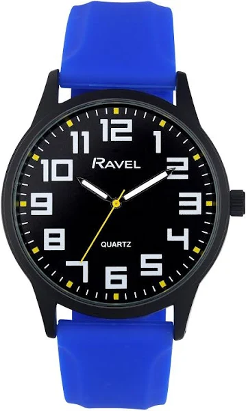 Ravel Męski zegarek w czarnej obudowie z silikonowym paskiem sportowym i wyróżnionymi znacznikami godzin