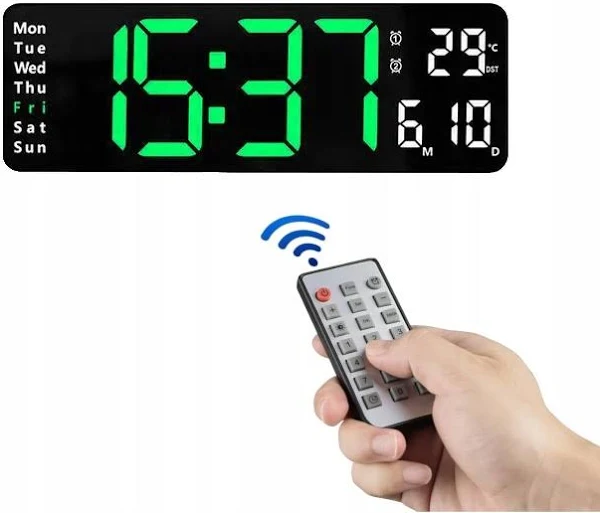 Zegar Budzik Ścienny Duży Led Temperatura Data Elektroniczny Z Pilotem 4402