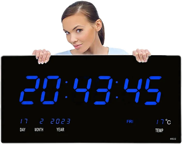 Zegar Cyfrowy Niebieski Duży i Czytelny Na Ścianę XXL Termometr Data Led