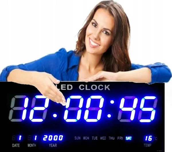 Zegar Cyfrowy Niebieski Dokładny Termometr Data Duży i Czytelny Na Ścianę